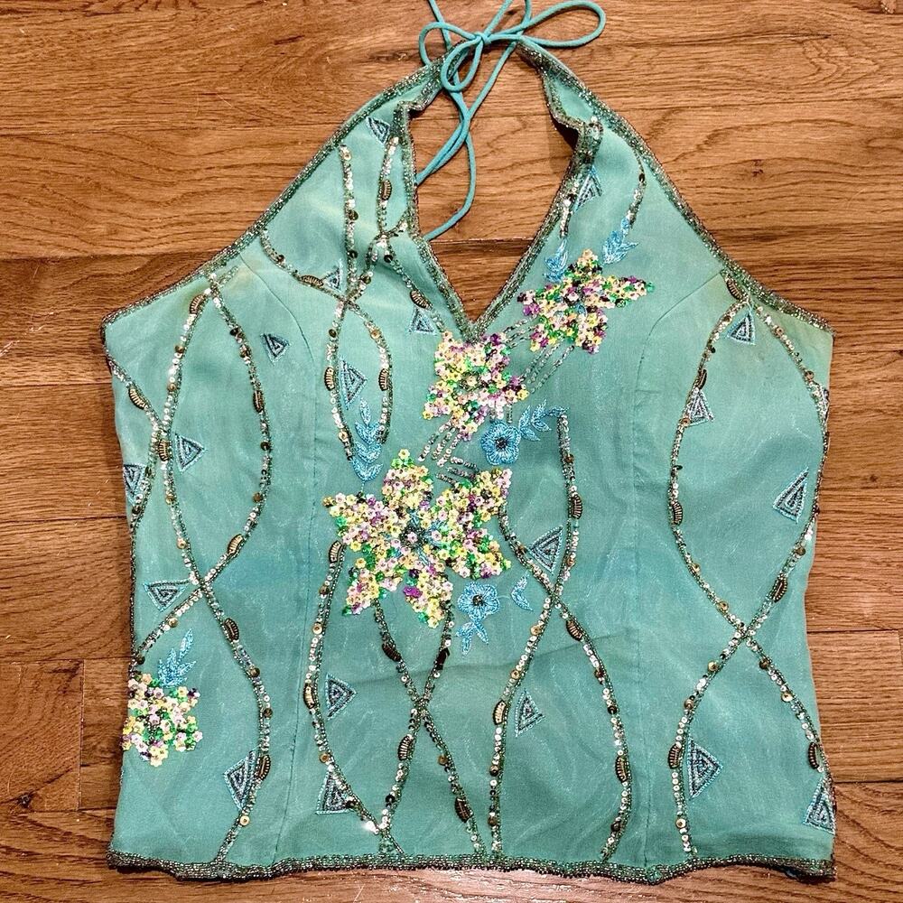 Vintage Aftershock 100% Silk Beaded Halter Corset Top